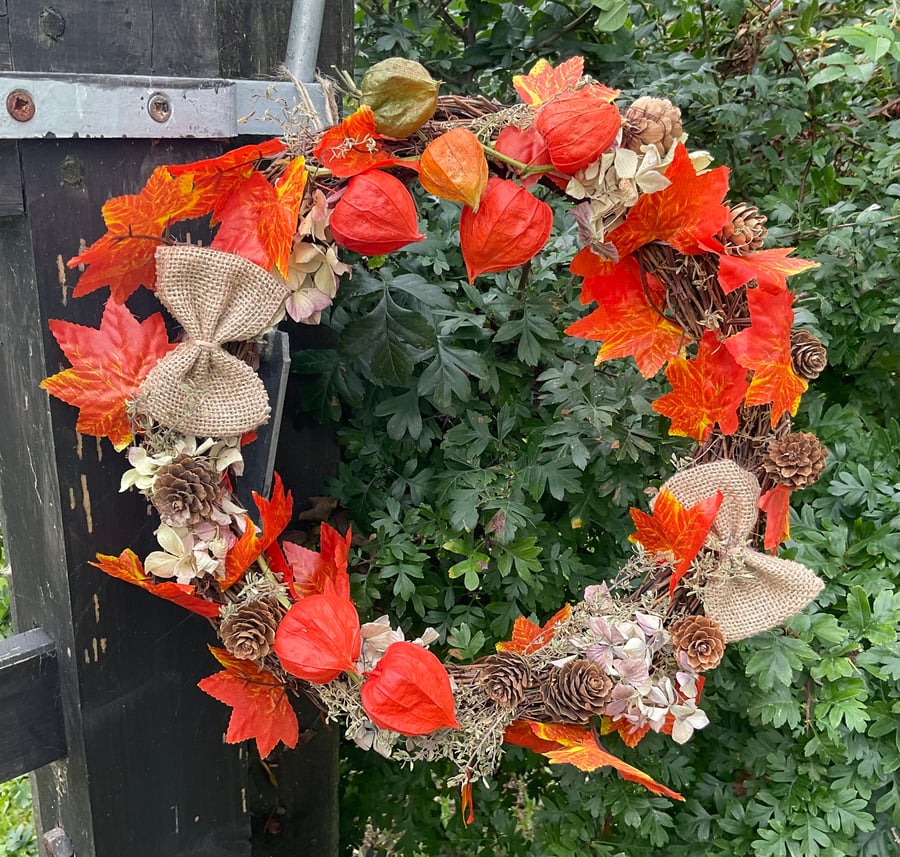 Hanging Dried Flower wreath - Orange autumn colours for home decor