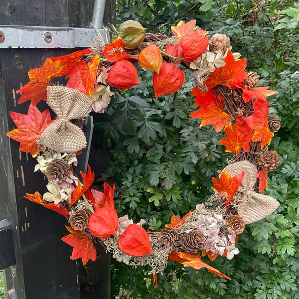 Hanging Dried Flower wreath - Orange autumn colours for home decor