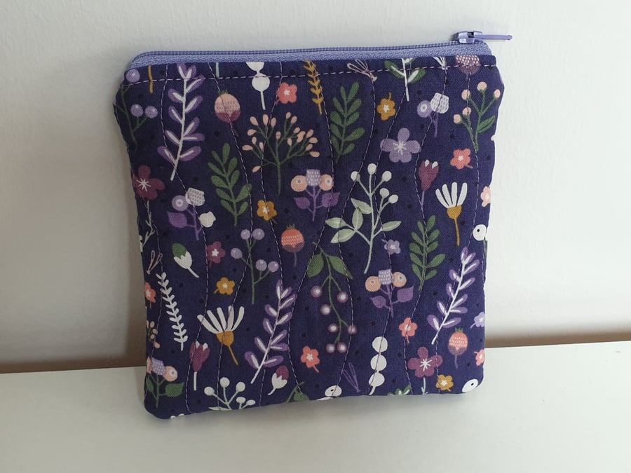 Purple, Floral, Quilted Pouch, Purse