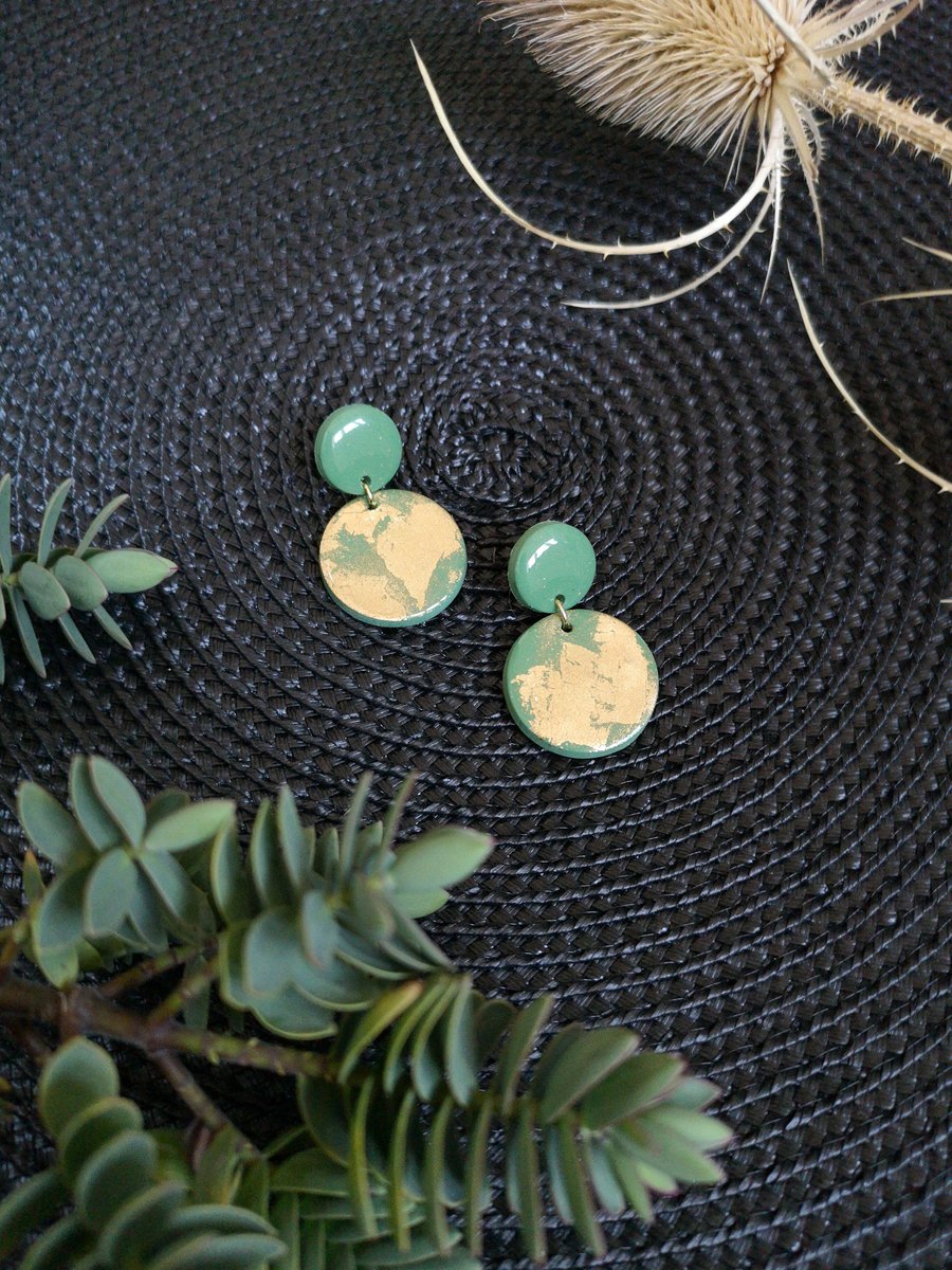 Green & Gold Circle Dangle Studs