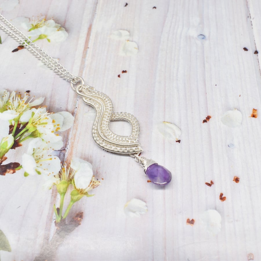 Wire Woven Purple Amethyst and Silver filled Pendant on a Silver Plated Chain