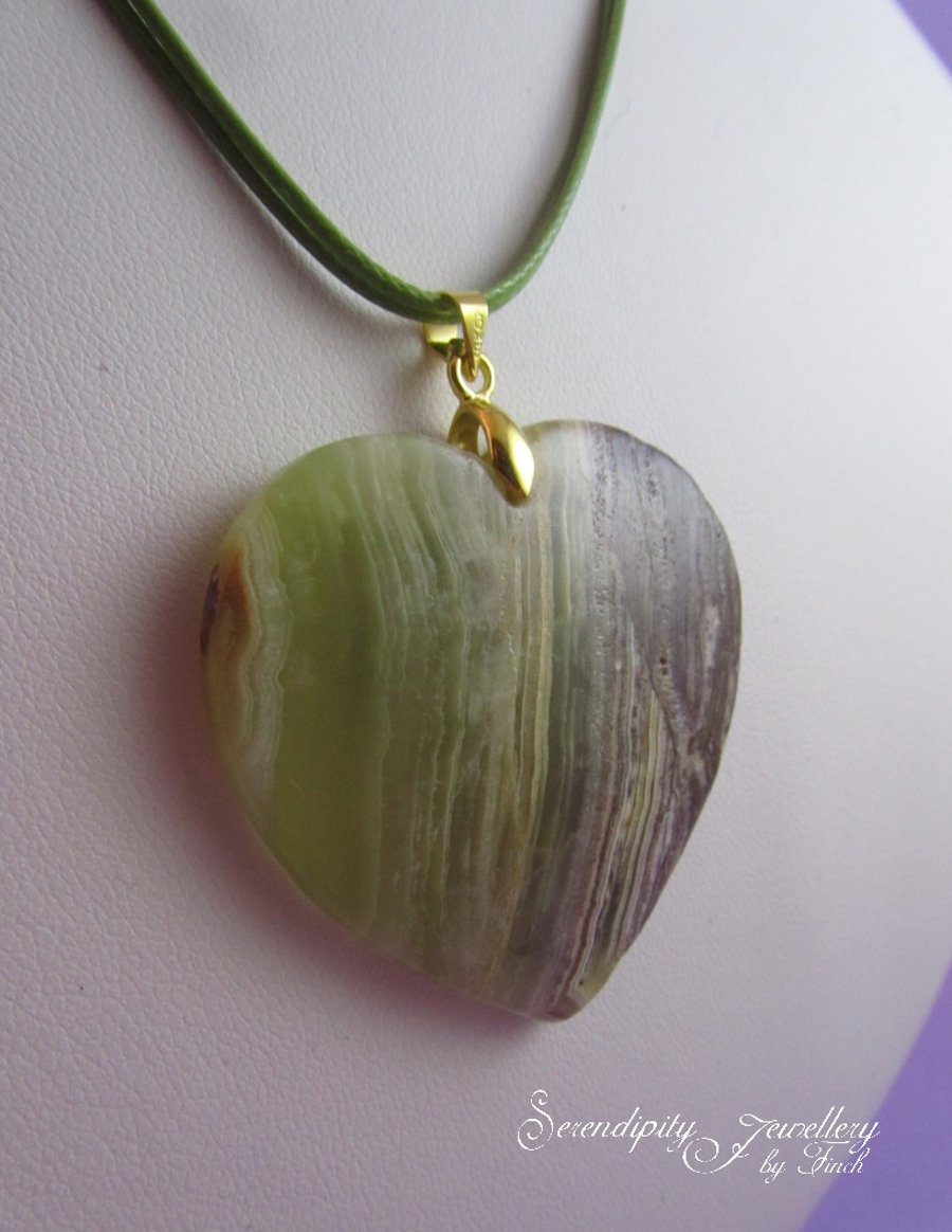 Green Striped Agate Heart Pendant Necklace, Heart Necklace, Green Necklace