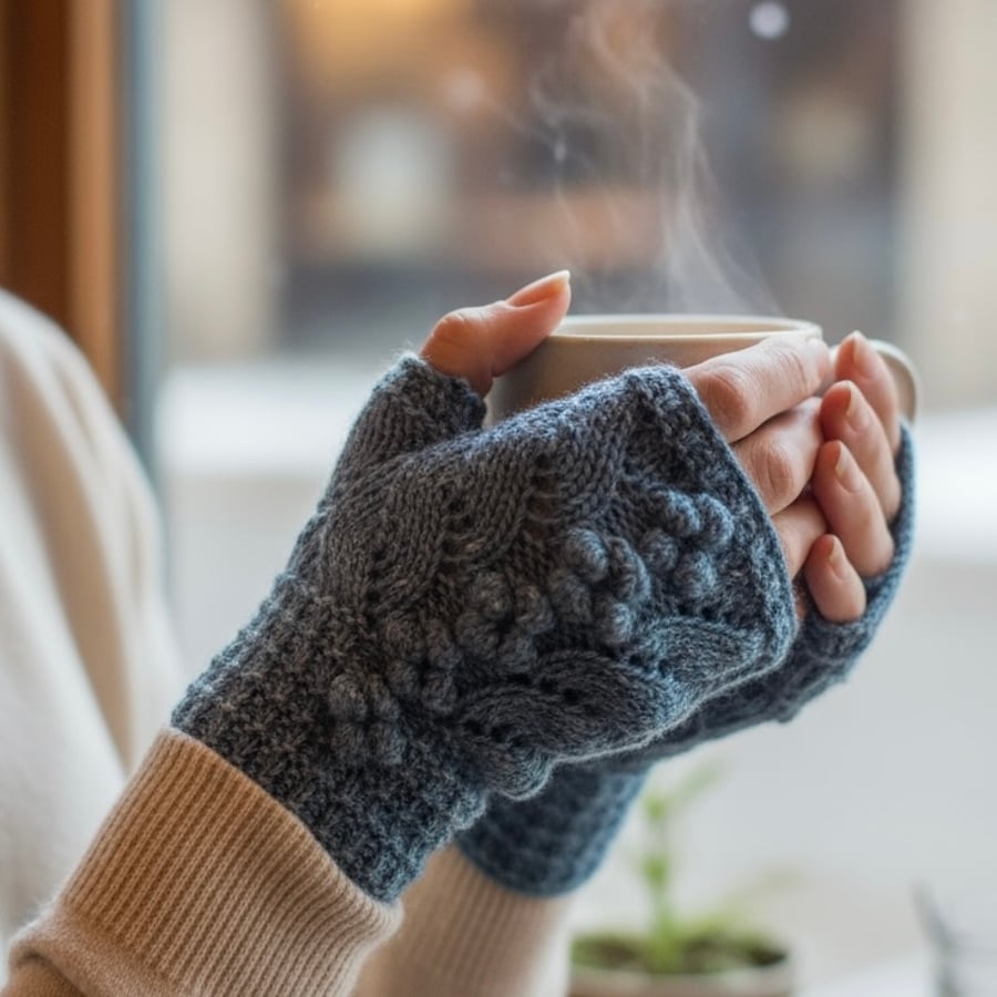 Tweedy bobble fingerless gloves in blue