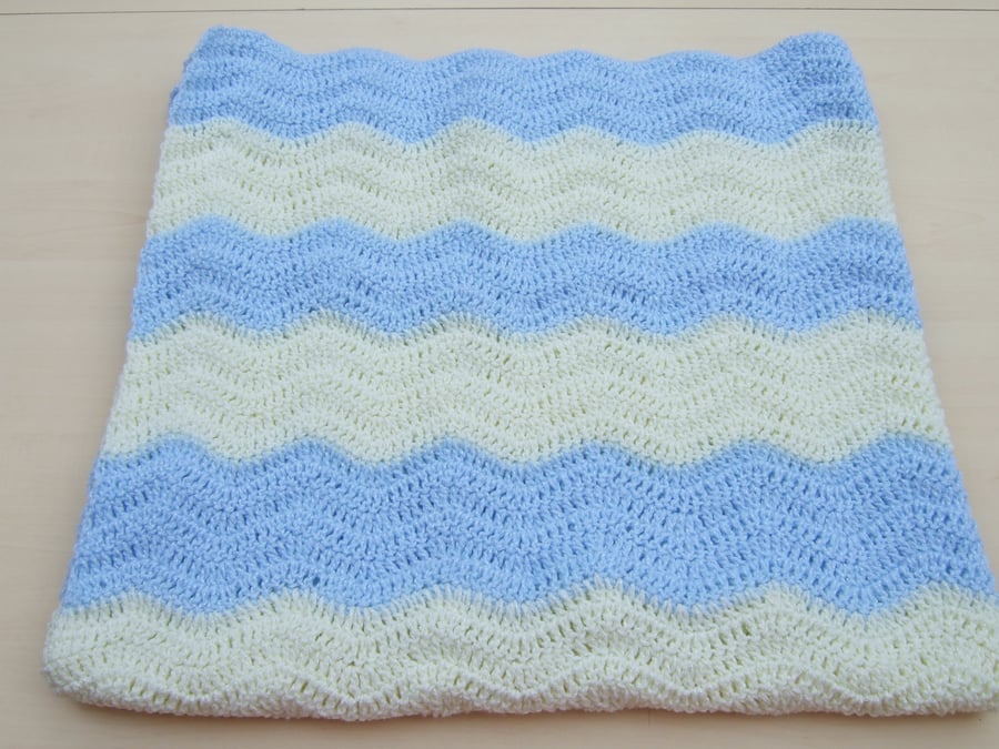 Baby ripple blanket hand crochet in sparkly blue and lemon Seconds Sunday