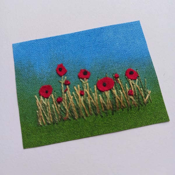 Poppies in a Field Original Textile Art Card