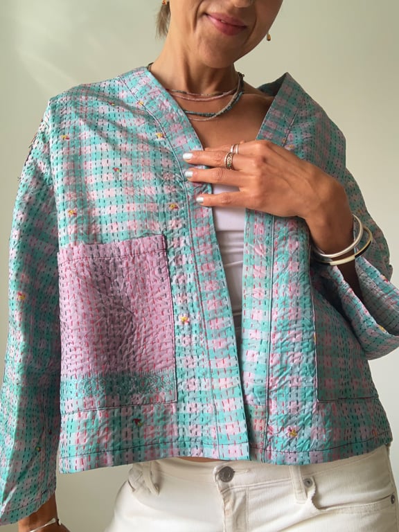 Patchwork jacket kantha silk reversible mini coat for summer evenings 
