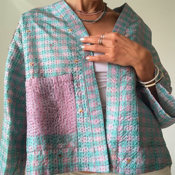 Patchwork jacket kantha silk reversible mini coat for summer evenings 