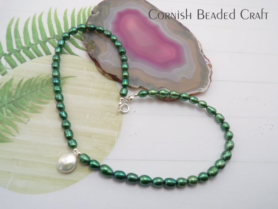 SALE - Cute Small Green Freshwater Pearl Necklace Natural Baroque Pearl.