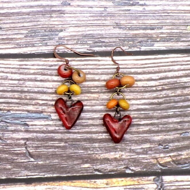 Artisan Ceramic Heart Dangle Earrings- Artisan Effetre Glass Beads- Copper Wires