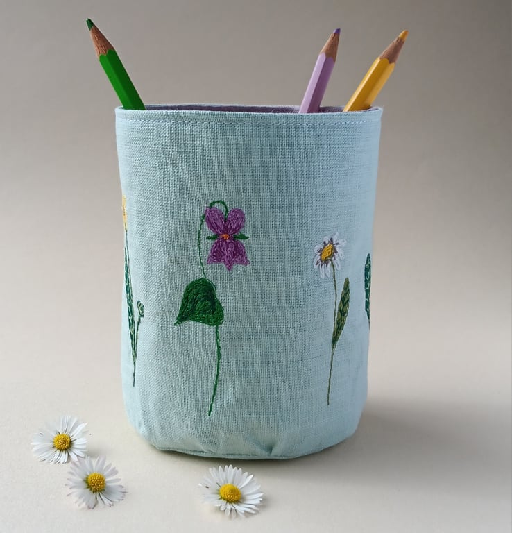 Fabric Pencil Pot with Embroidered Spring Flowers