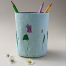 Fabric Pencil Pot with Embroidered Spring Flowers