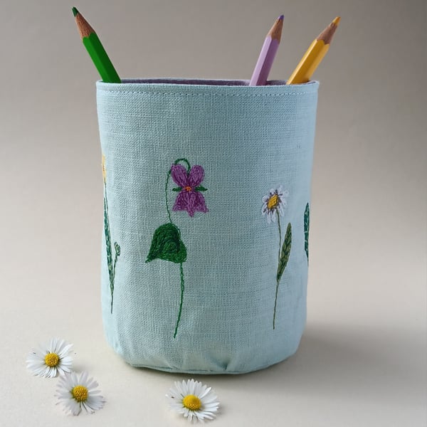 Fabric Pencil Pot with Embroidered Spring Flowers