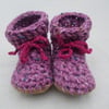 Wool, angora & leather crochet baby boots lavender 6-12 months