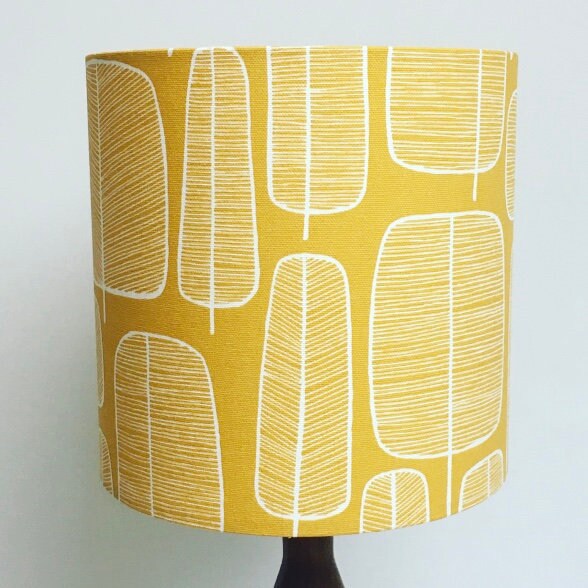 Handmade mustard yellow Missprint 'Little Trees' fabric drum lampshade