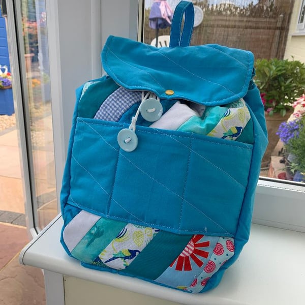 Blue patchwork cotton rucksack