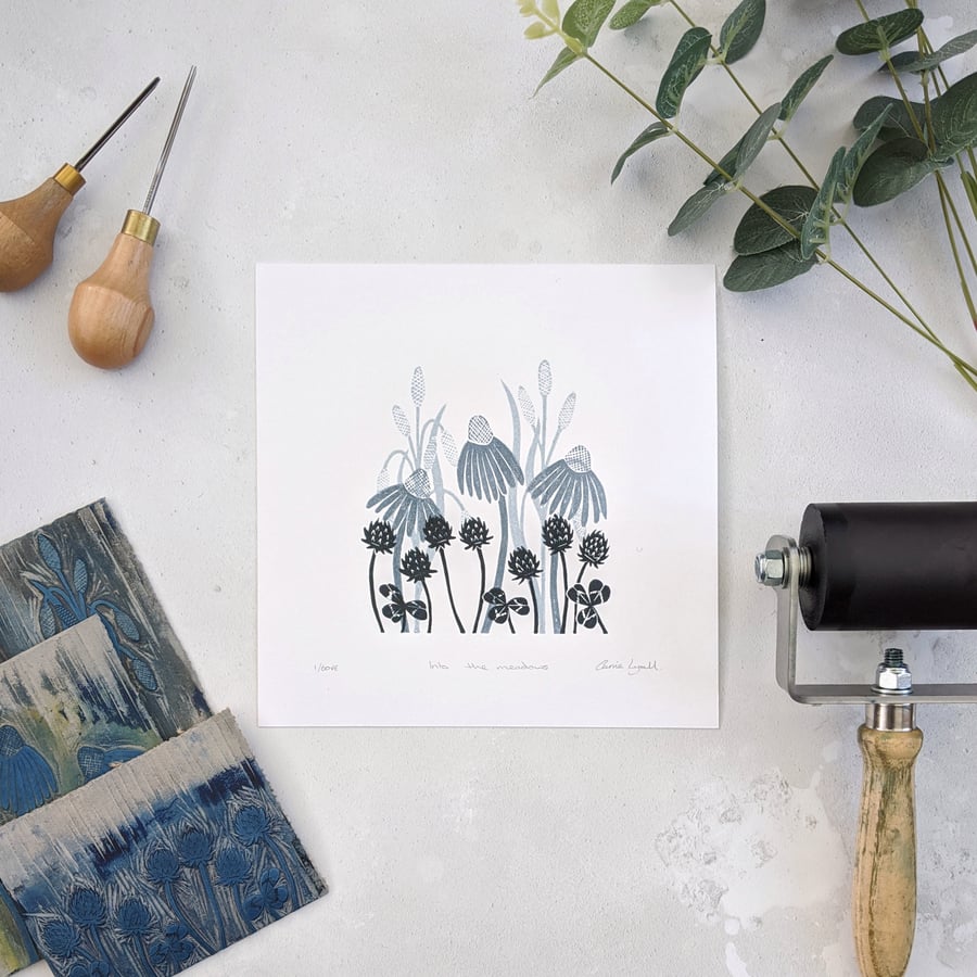 Meadow Flower Linocut Print, Limited Edition Print, Monochrome Flower Print