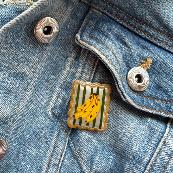 Banana Postage Stamp Polymer Clay Pin Badge