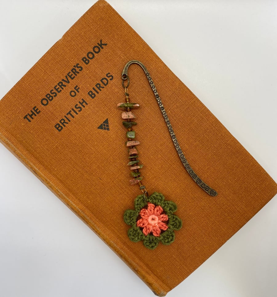 Crystal bookmark with unakite and crochet flower 