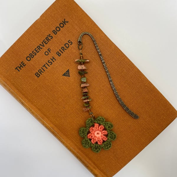 Crystal bookmark with unakite and crochet flower 