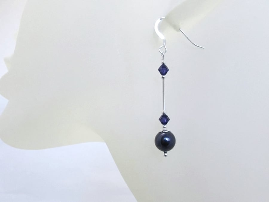 Dark Purple Pearls & Crystals Earrings WIth Sterling Silver Tubes