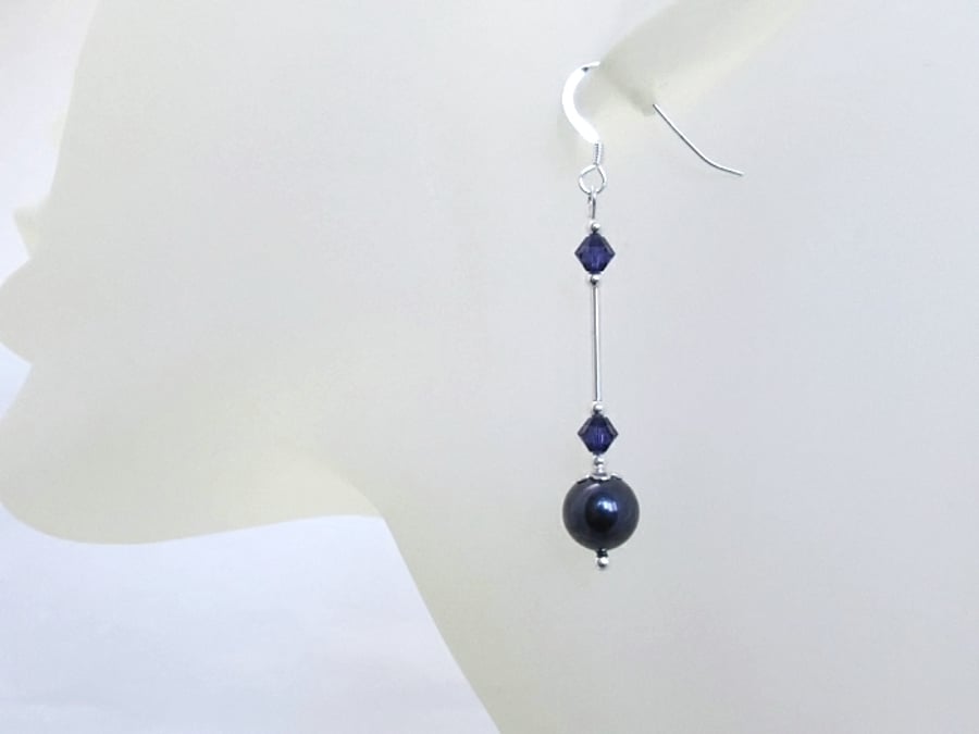Long Dark Purple Pearls & Crystals Earrings With Sterling Silver Tubes