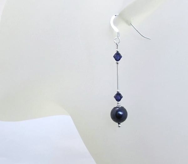 Long Dark Purple Pearls & Crystals Earrings With Sterling Silver Tubes