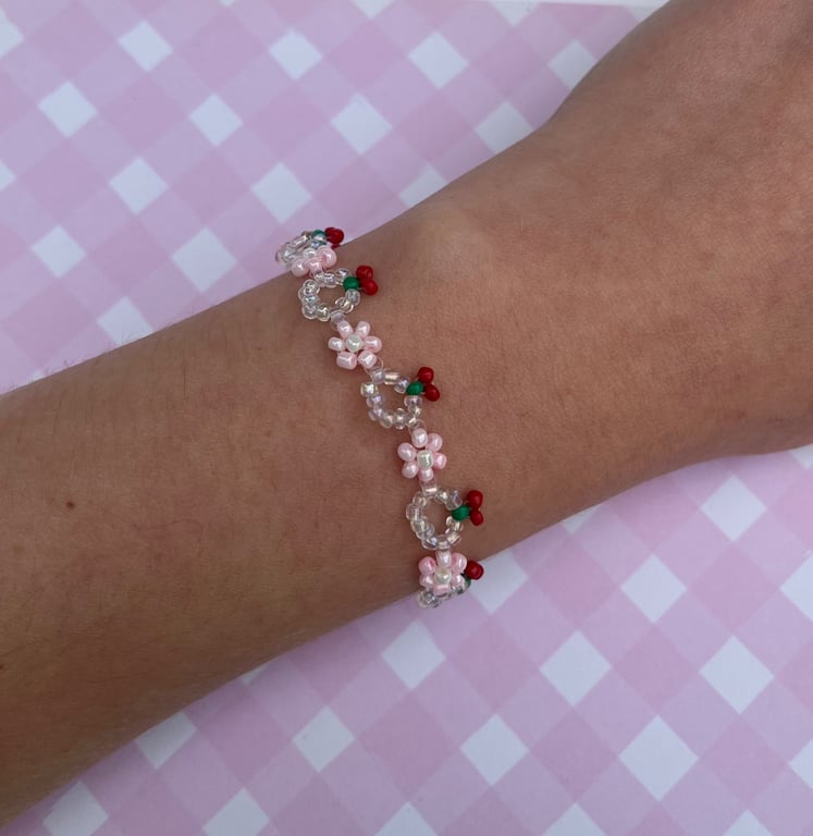 Petals and Cherries Seed Bead Bracelet