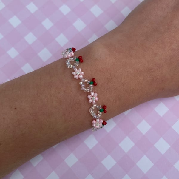 Petals and Cherries Seed Bead Bracelet
