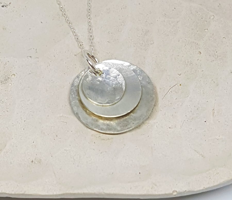 Triple Layer Hammered and Satin Texture Disc Sterling Silver Pendant