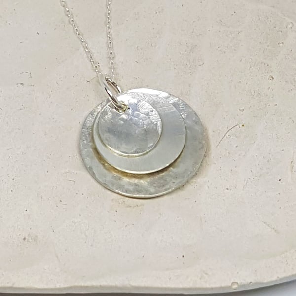 Triple Layer Hammered and Satin Texture Disc Sterling Silver Pendant