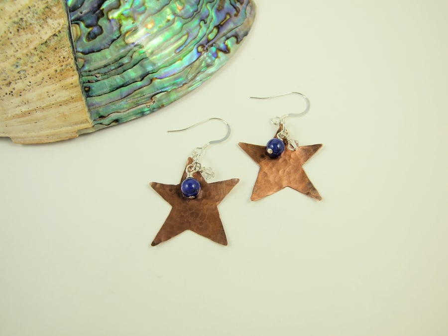 Copper Star Earrings, Sterling Silver, Lapis Lazuli and Swarovski® Elements