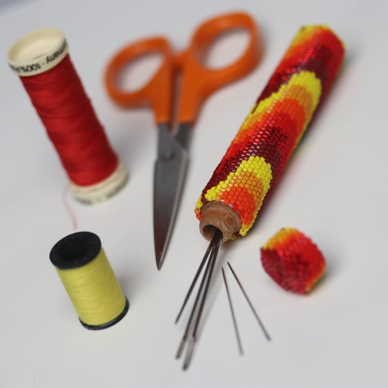 Long Beaded Wooden Needlecase in Flames Bargello Pattern