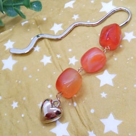 Red Carnelian Beaded Bookmark with Puffed Silver Heart Charm, Gift for Her