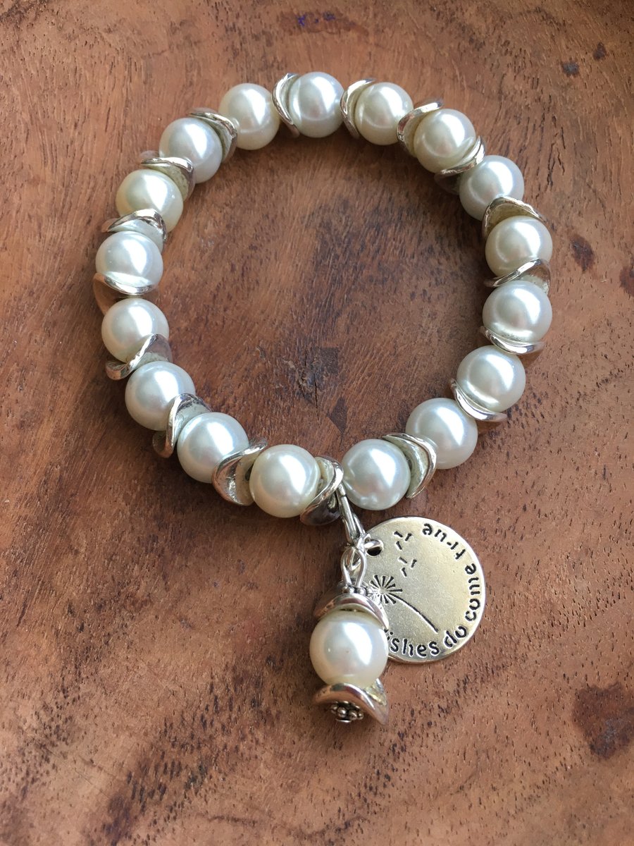 Ivory glass pearl bead stretch bracelet with charms
