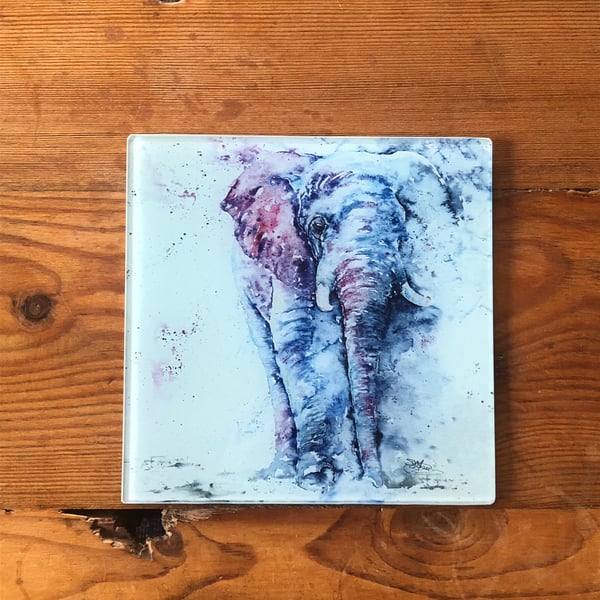 Elephant Watercolour Glass Trivet, African Elephant Pot Stand, Table Mat