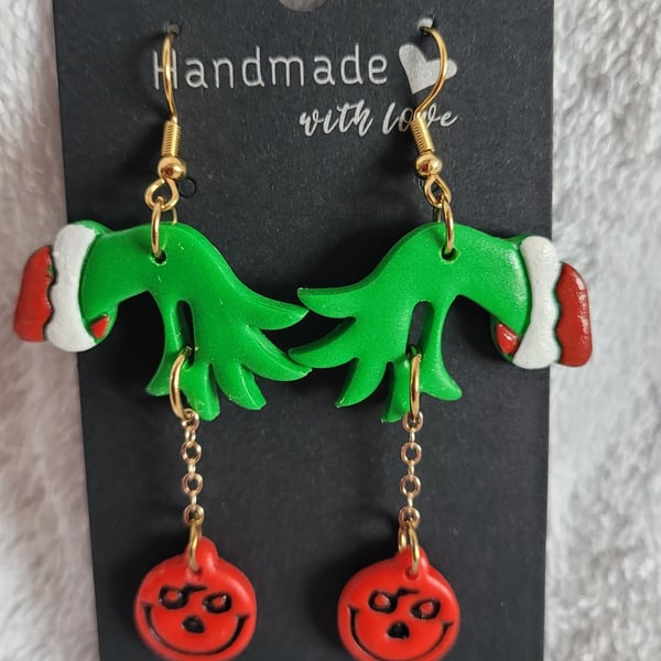 Christmas Grinch Polymer Clay Handmade Earrings. 316 Surgical Stainless Steel