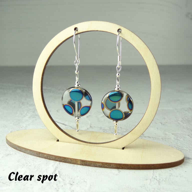 Multi-coloured Czech glass drop earrings, sterling silver, coin disc, 2 colours