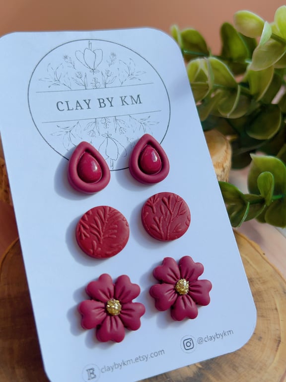 Burgundy Flower Stud Earring Set, 3 Pairs of Floral Boho Clay Earrings