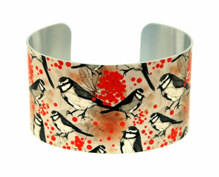 Bird jewellery cuff bracelet, wide metal autumn bangle in beige & red. B03
