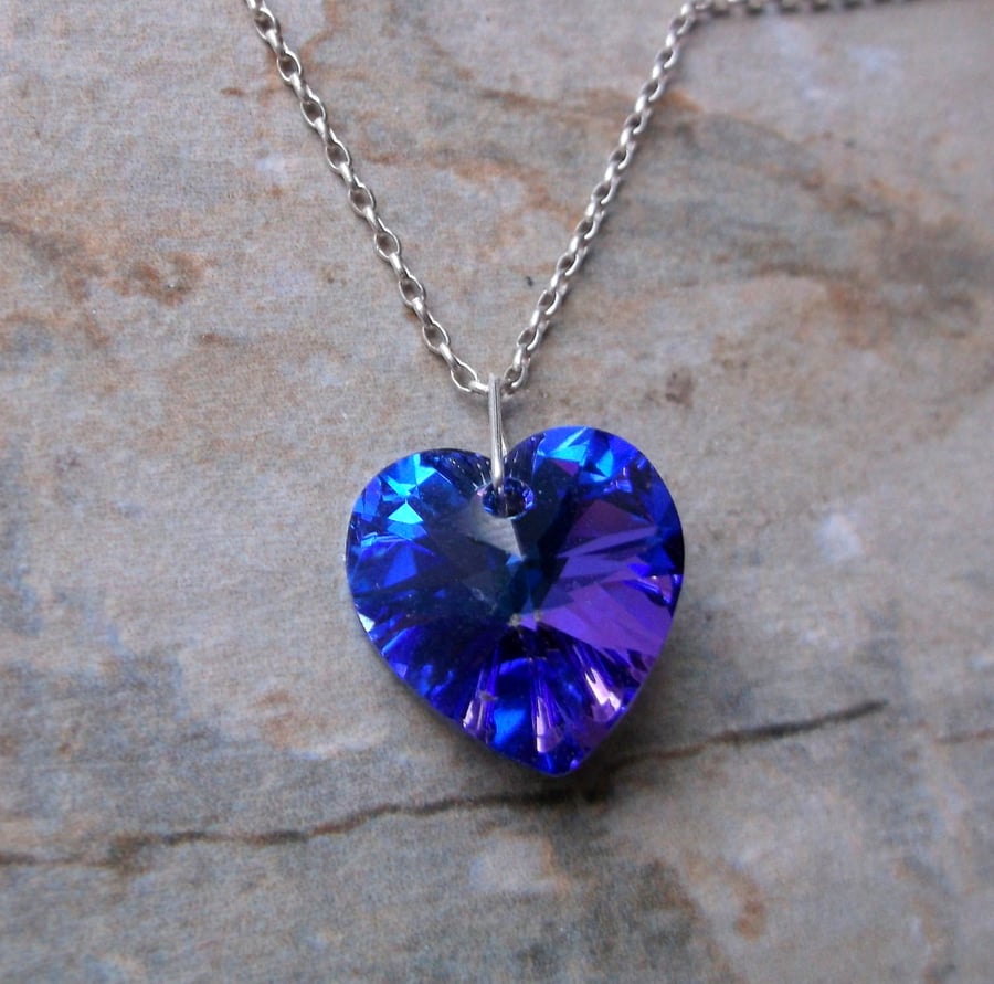 Heliotrope Purple and Blue Crystal Heart Necklace Sterling Silver Heliotrope Purple and Blue Crystal Heart Necklace Sterling Silver
