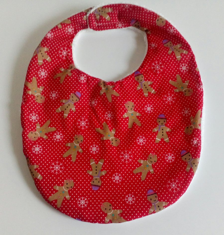 Babies Christmas bib, towelling bib, gingerbread men, red bib, xmas bib, velcro 