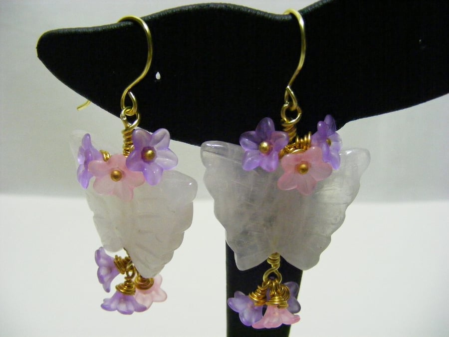 Rose Quartz Butterfly and Flower Earrings.