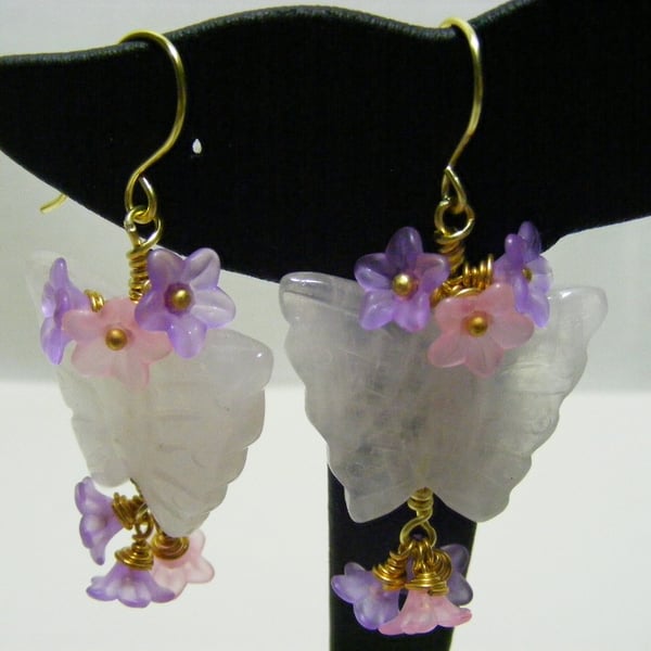 Rose Quartz Butterfly and Flower Earrings.