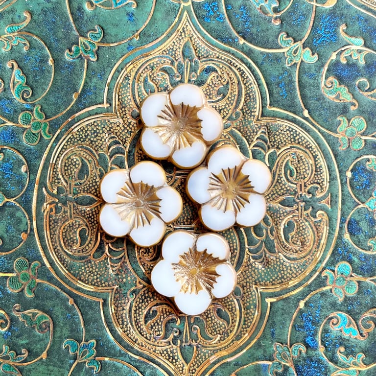 Four large Czech glass, white table cut flower beads, 20mm