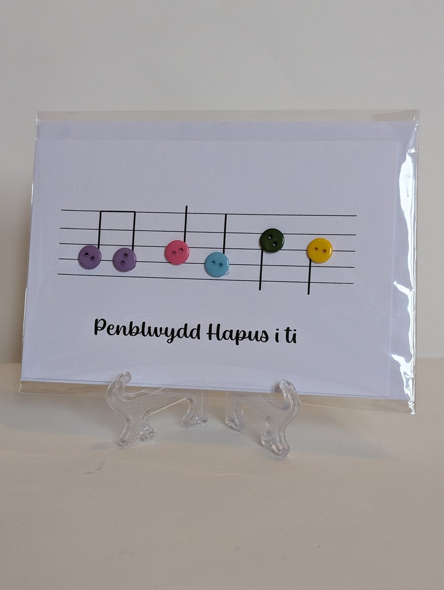 Penblwydd Hapus (Happy birthday) musical button notes Welsh greetings card 