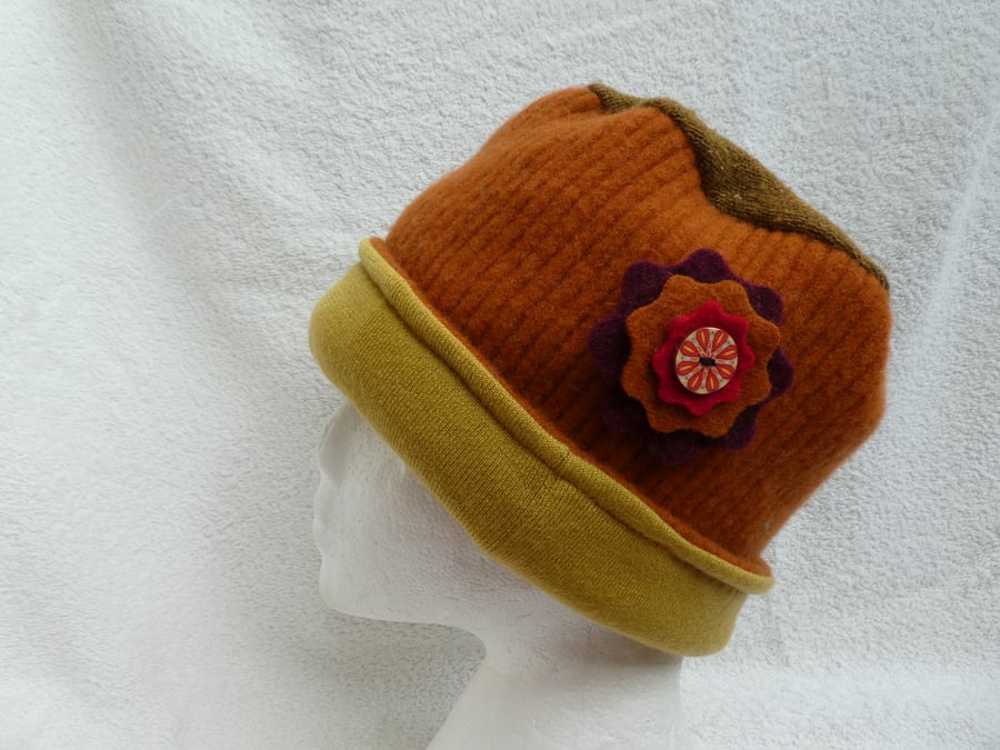 Wool Hat Created from Up-cycled Sweaters. Orange Rib Body