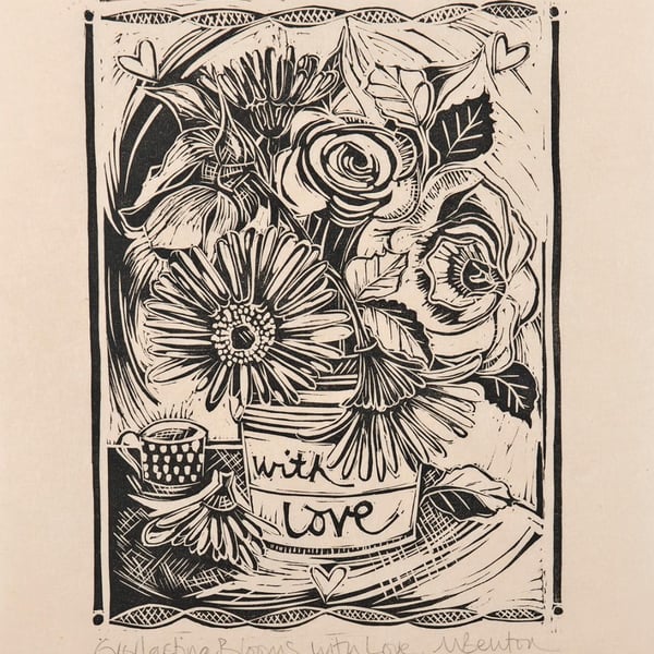 'Everlasting Blooms, With Love' Lino Print