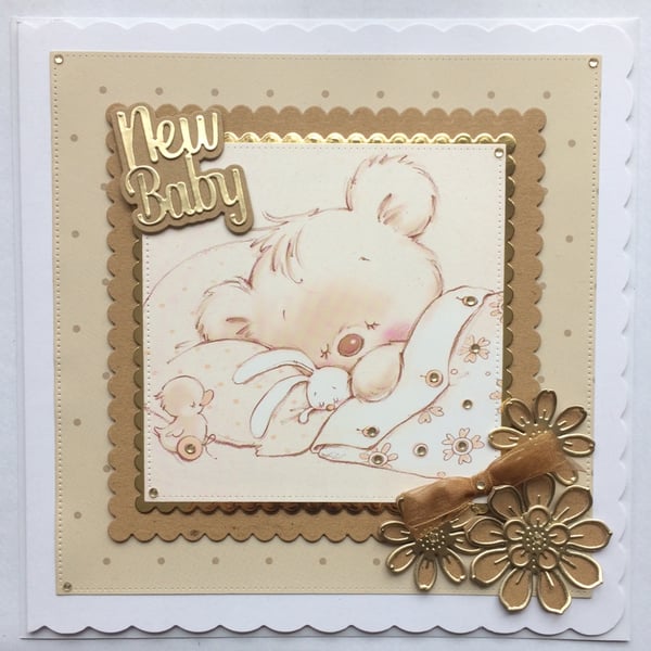 New Baby Card Cute Sleeping Teddy Holding Rabbit with Duck 3D Luxury Handmade