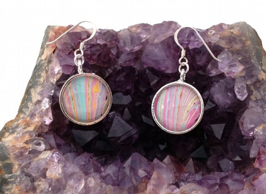 Unusual marbled paper glass cabochon earrings mother's day anniversary gift