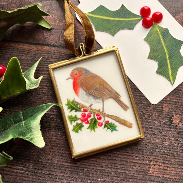 Original drawing of robin and holly in miniature hanging frame